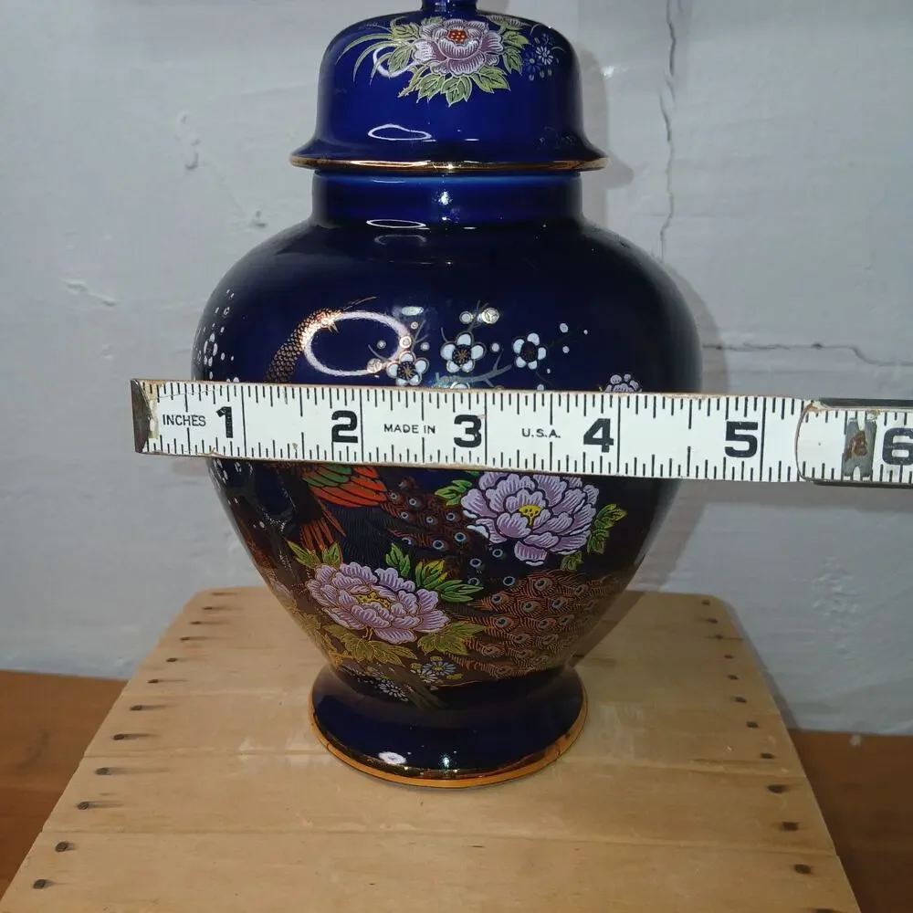 3 Cobalt Blue Vase Ginger Jar with Lid Floral Peacock Asian Decor Accent #54